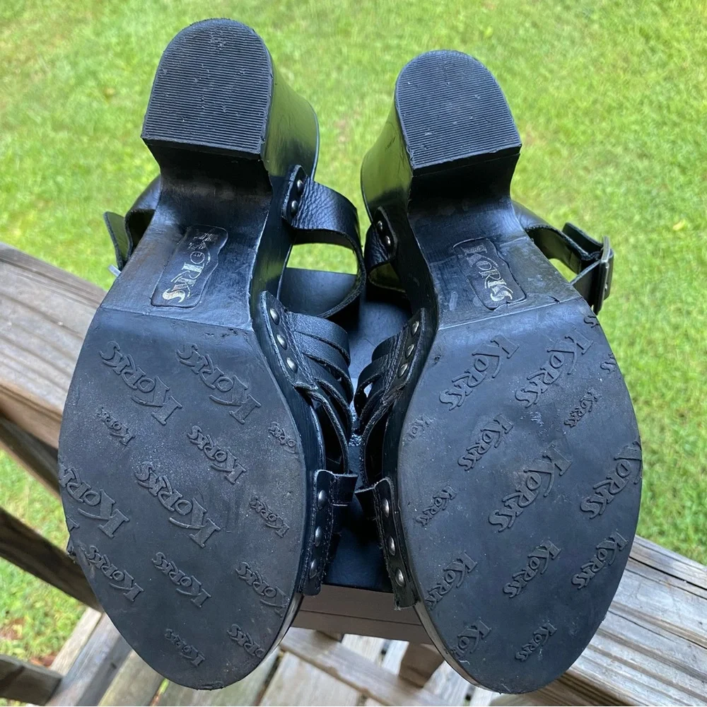 ✅ Korks Wooden Platform Wedge Heels Black Leather Strappy Womens‎ size 10